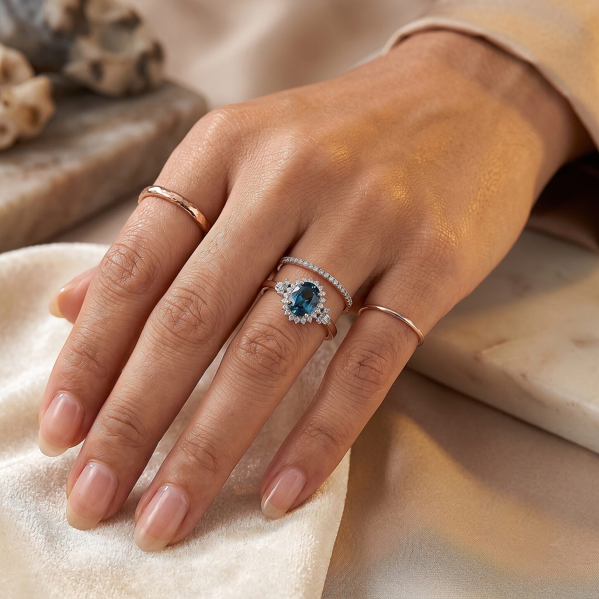 Luxoro AAA Cambodian Blue Zircon, Paraiba Tourmaline and Diamond I2 3.75 ctw Whisper of Blue Ring in 10K Rose Gold (Size 6.0)
