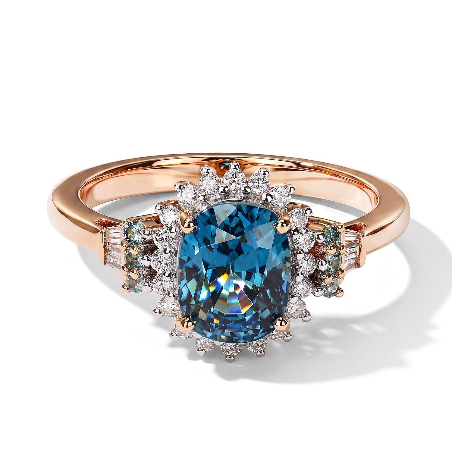 Luxoro 10K Rose Gold AAA Cambodian Blue Zircon, Paraiba Tourmaline and Diamond (I2) Ring (Size 10.0) 3.75 ctw
