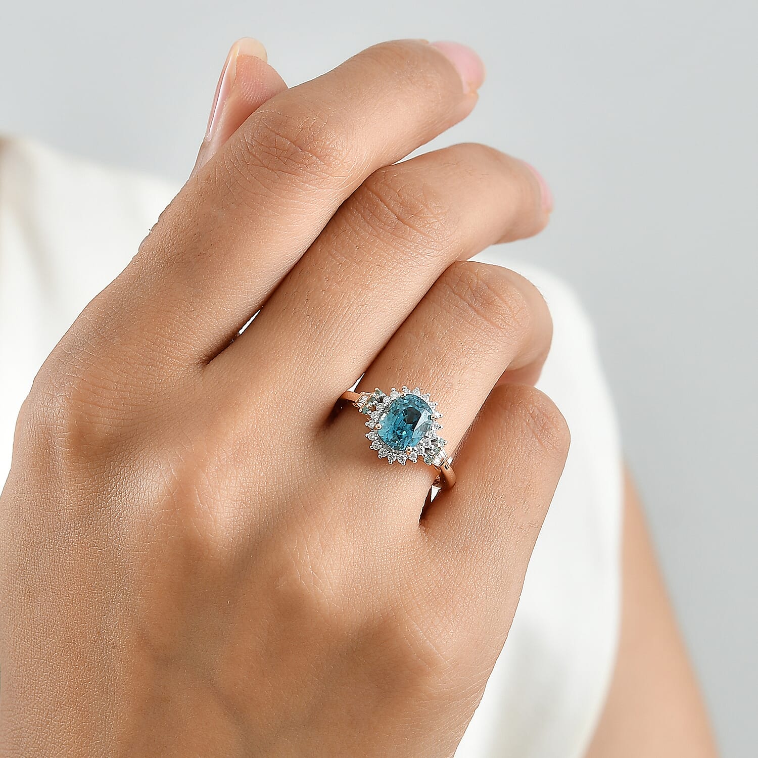 Luxoro AAA Cambodian Blue Zircon, Paraiba Tourmaline and Diamond I2 3.75 ctw Whisper of Blue Ring in 10K Rose Gold (Size 7.0)