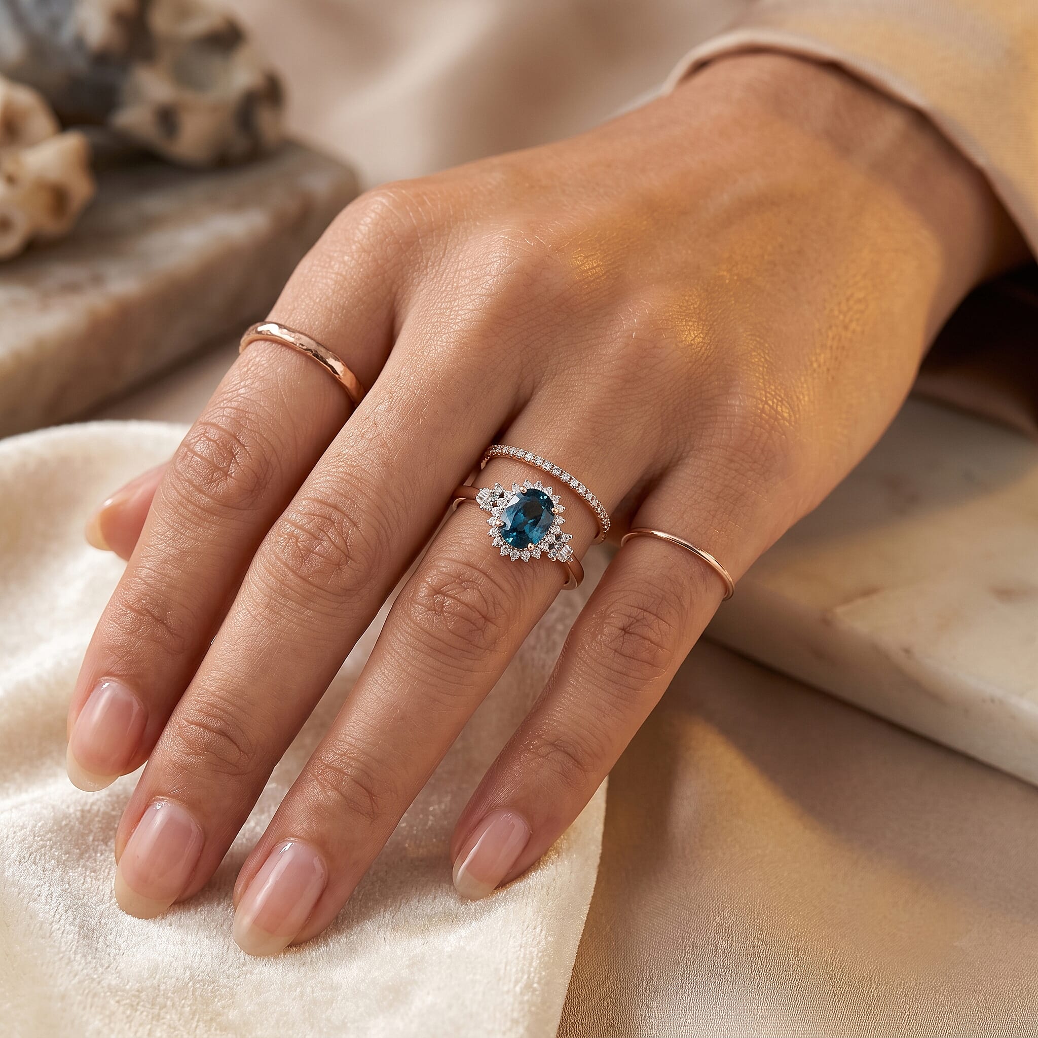 Luxoro AAA Cambodian Blue Zircon, Paraiba Tourmaline and Diamond I2 3.75 ctw Whisper of Blue Ring in 10K Rose Gold (Size 7.0)