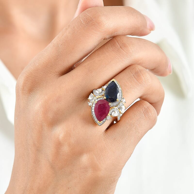 D'Joy Premium Masoala Sapphire (D) and Niassa Ruby (FF), Moissanite 7.15 ctw Cocktail Ring in 18K Vermeil Yellow Gold Over Sterling Silver (Size 6.0)