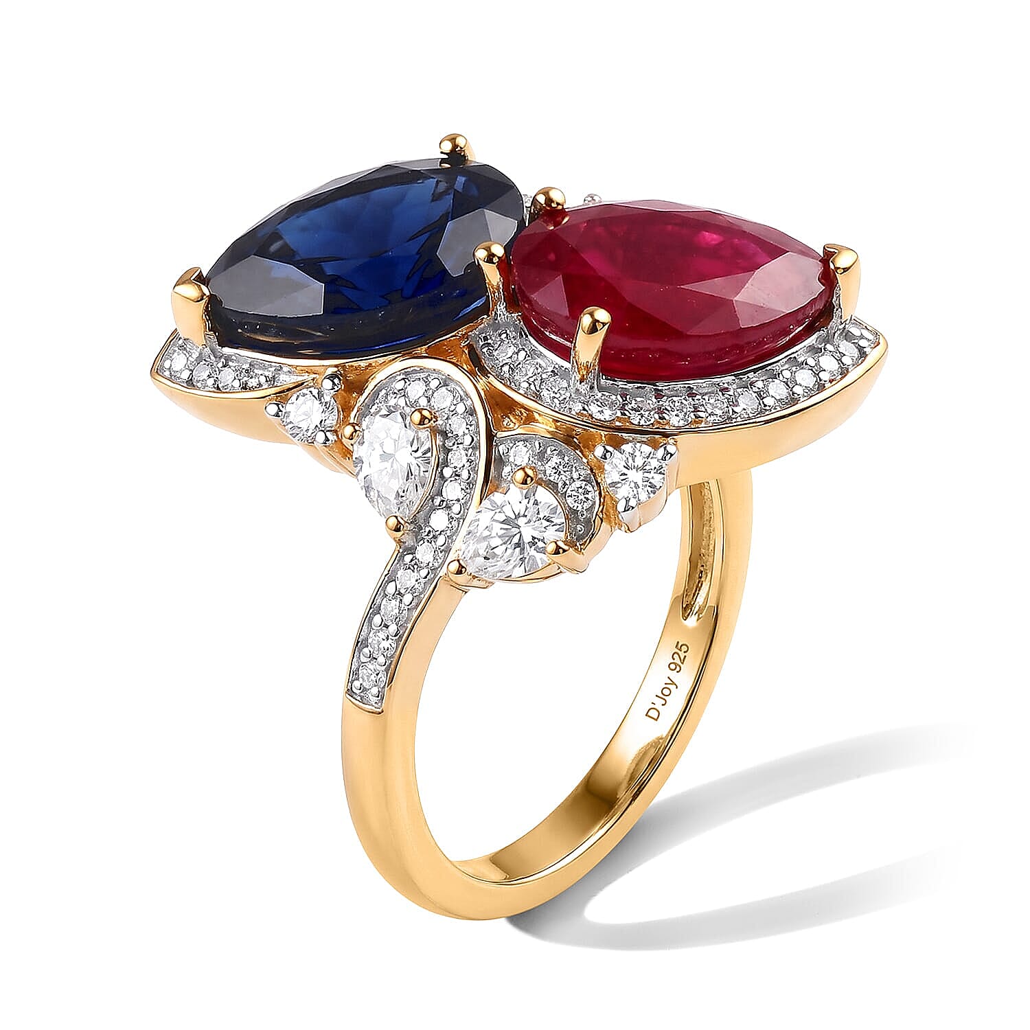 D'Joy Premium Masoala Sapphire (D) and Niassa Ruby (FF), Moissanite 7.15 ctw Cocktail Ring in 18K Vermeil Yellow Gold Over Sterling Silver (Size 7.0)