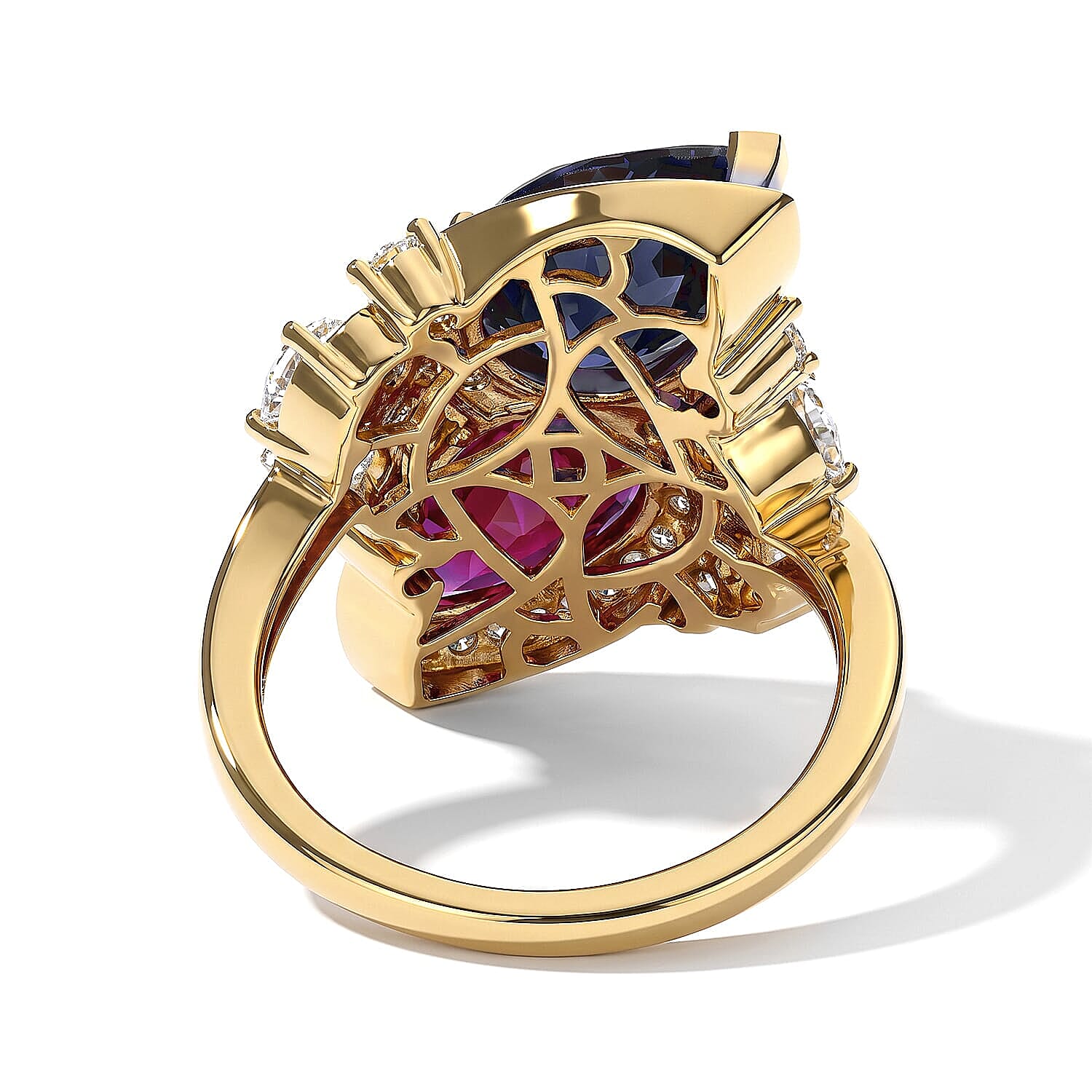 D'Joy Premium Masoala Sapphire (D) and Niassa Ruby (FF), Moissanite 7.15 ctw Cocktail Ring in 18K Vermeil Yellow Gold Over Sterling Silver (Size 7.0)