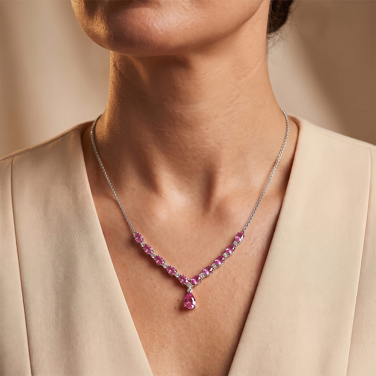 EverTrue Lab Created Pink and White Sapphire 8.10 ctw Spectrum Radiance Necklace in Platinum Bond 18 Inches