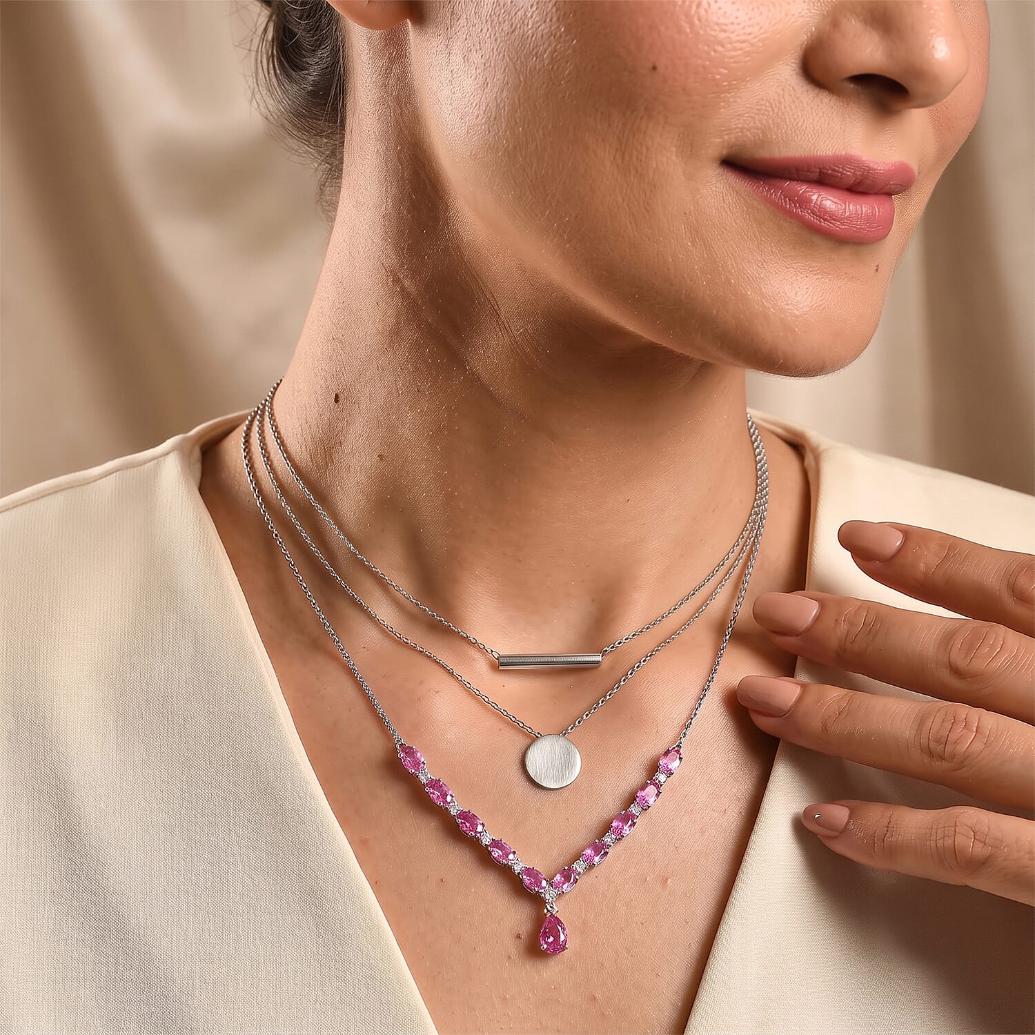 EverTrue Lab Created Pink and White Sapphire 8.10 ctw Spectrum Radiance Necklace in Platinum Bond 18 Inches