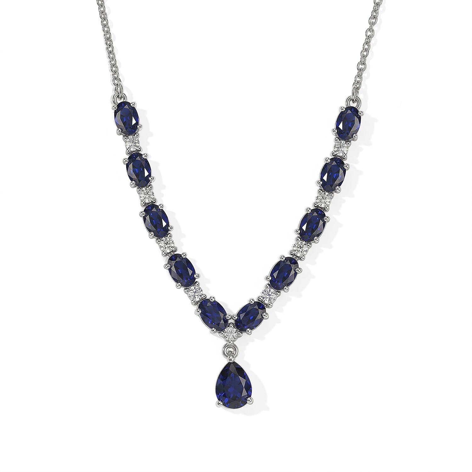 EverTrue Lab Created Blue and White Sapphire 7.65 ctw Necklace in Platinum Bond 18 Inches