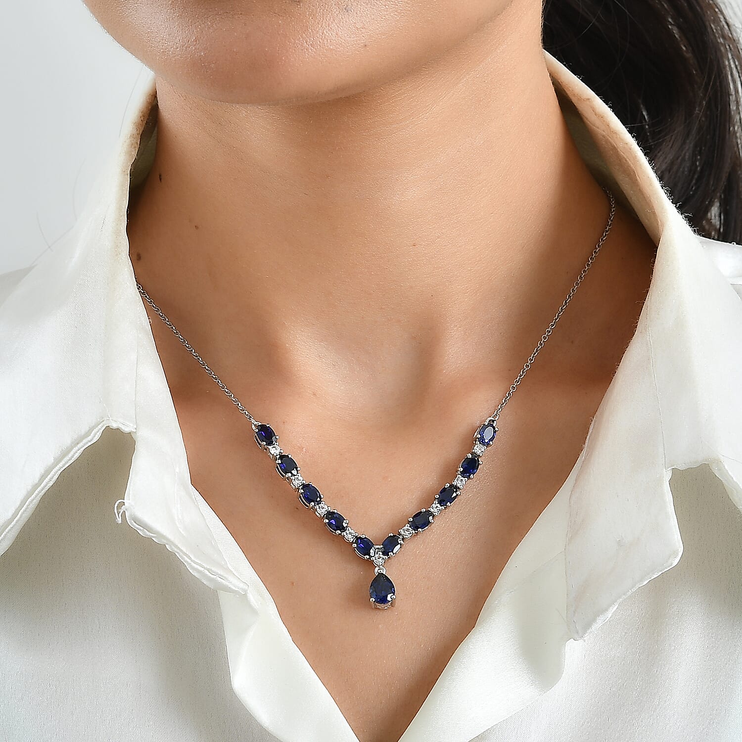 EverTrue Lab Created Blue and White Sapphire 7.65 ctw Necklace in Platinum Bond 18 Inches
