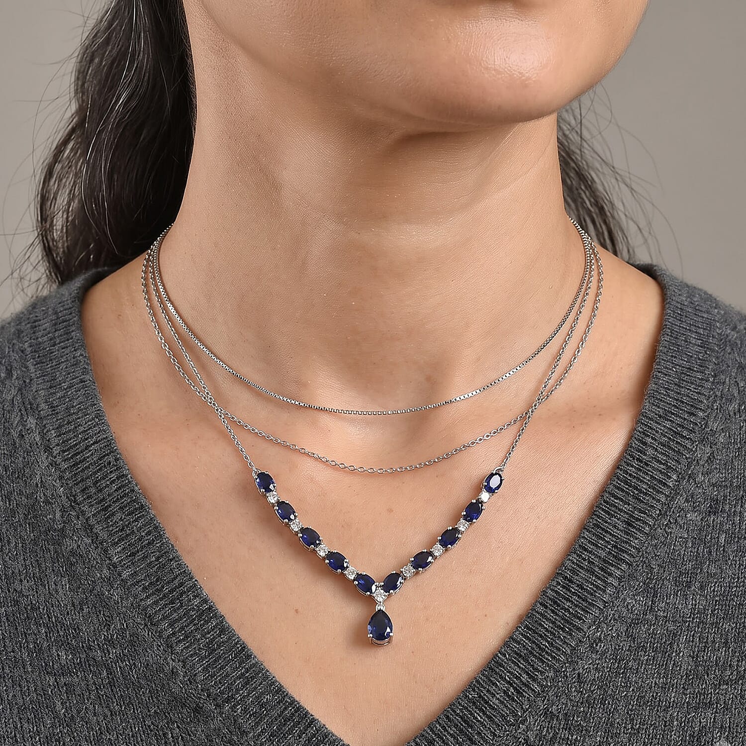 EverTrue Lab Created Blue and White Sapphire 7.65 ctw Necklace in Platinum Bond 18 Inches