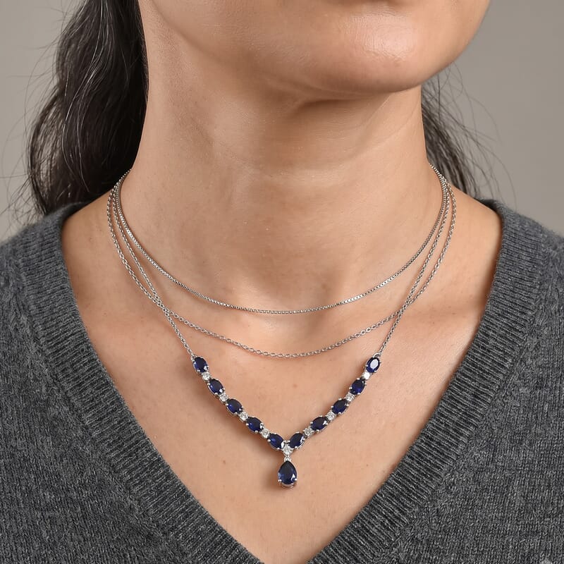 EverTrue Lab Created Blue and White Sapphire 7.65 ctw Necklace in Platinum Bond 18 Inches