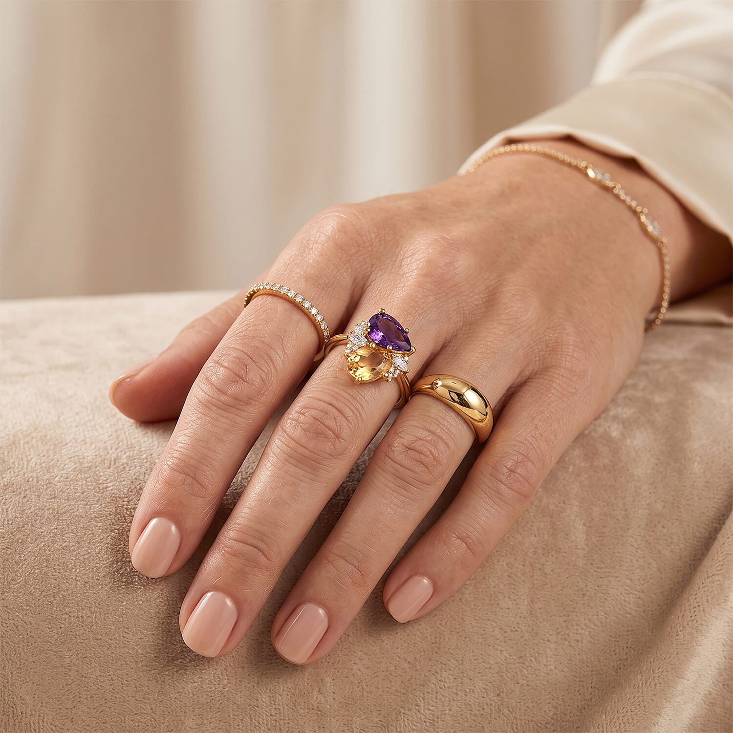 EverTrue African Amethyst and Multi Gemstone 2.40 ctw Fancy Ring in 18K YG Plated (Size 5.0)