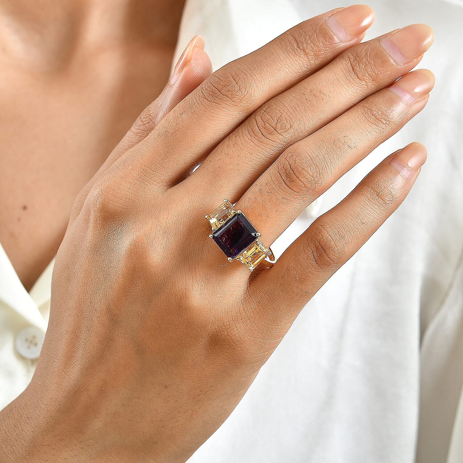 EverTrue African Amethyst and Brazilian Citrine 8.65 ctw Color-Block Fall Ring in 18K YG Plated (Size 11.0)