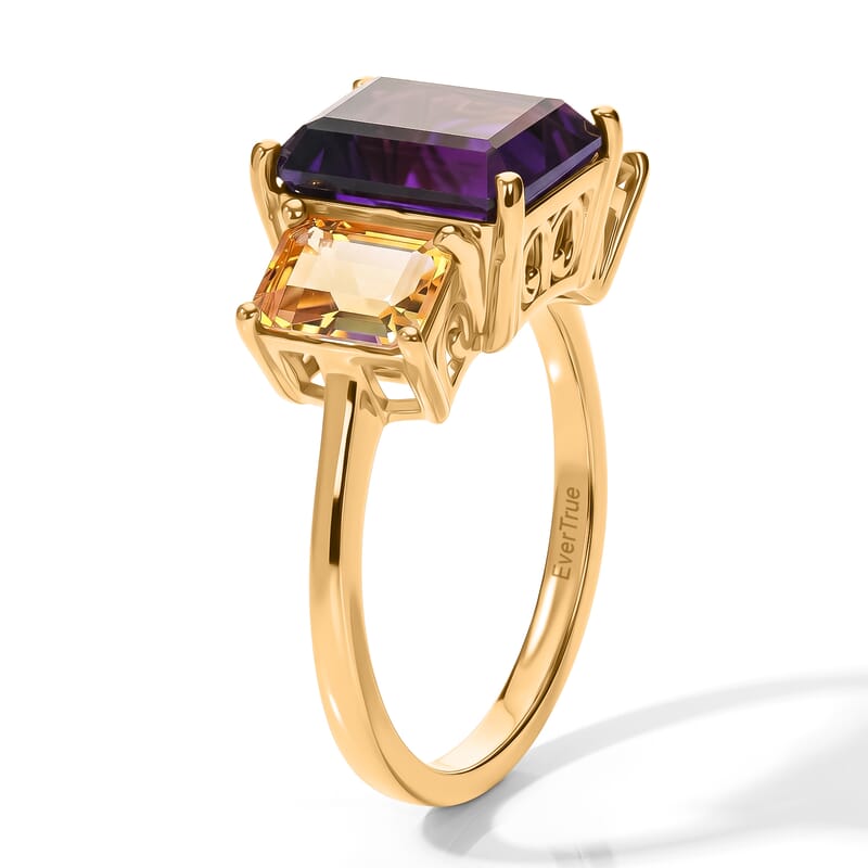 EverTrue African Amethyst and Brazilian Citrine 8.65 ctw Color-Block Fall Ring in 18K YG Plated (Size 5.0)