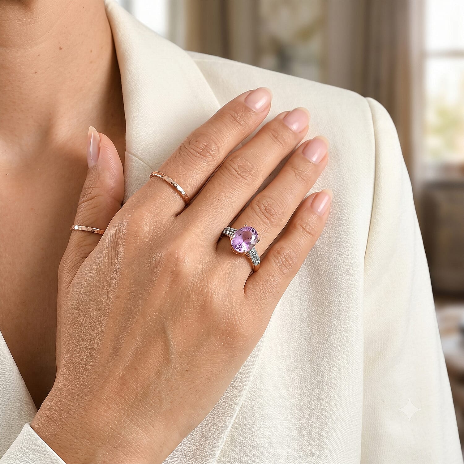 Luxoro AAA Patroke Kunzite, Paraiba Tourmaline and Diamond (I2) 6.70 ctw Azure Line Ring in 10K Rose Gold (Size 7.0)