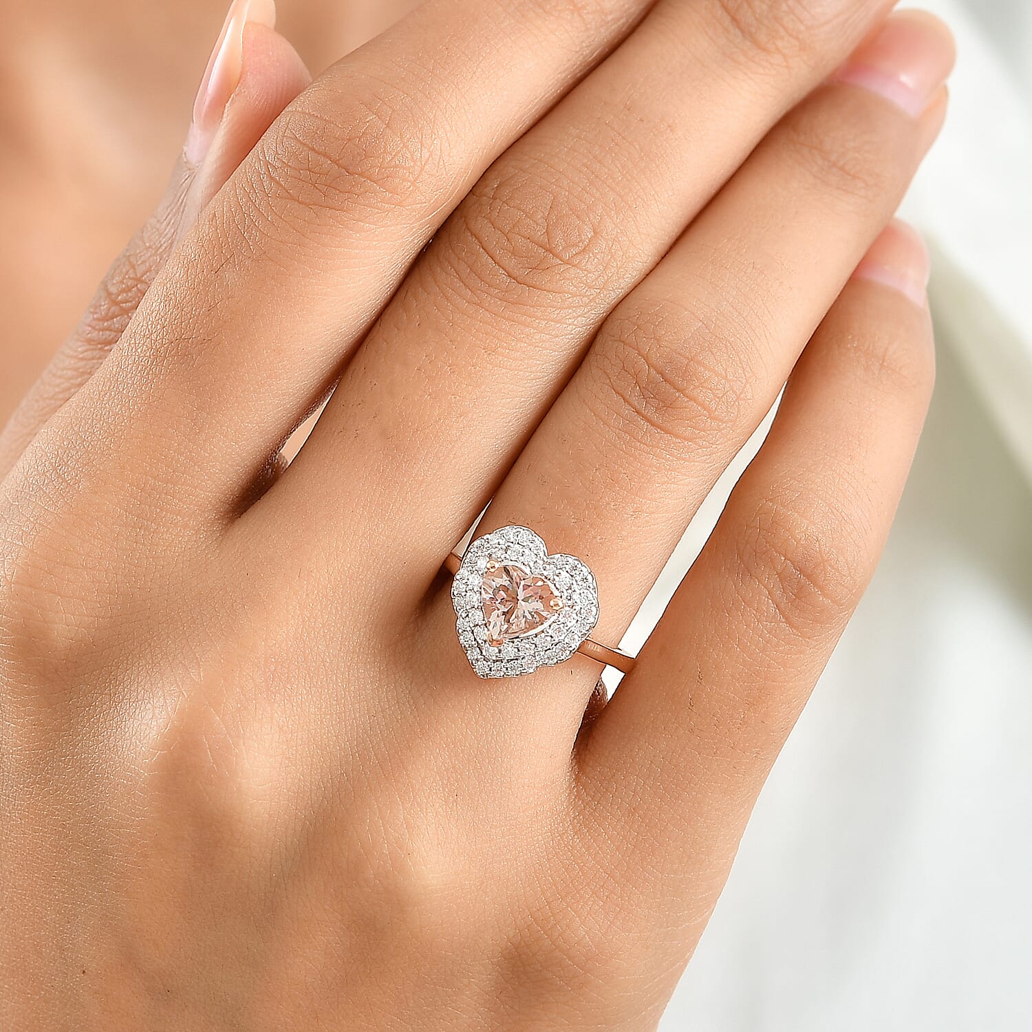 Certified and Appraised D'Joy Marropino Morganite and Moissanite 1.50 ctw Heart Ring in 18K Vermeil Rose Gold Over Sterling Silver (Size 6.0)