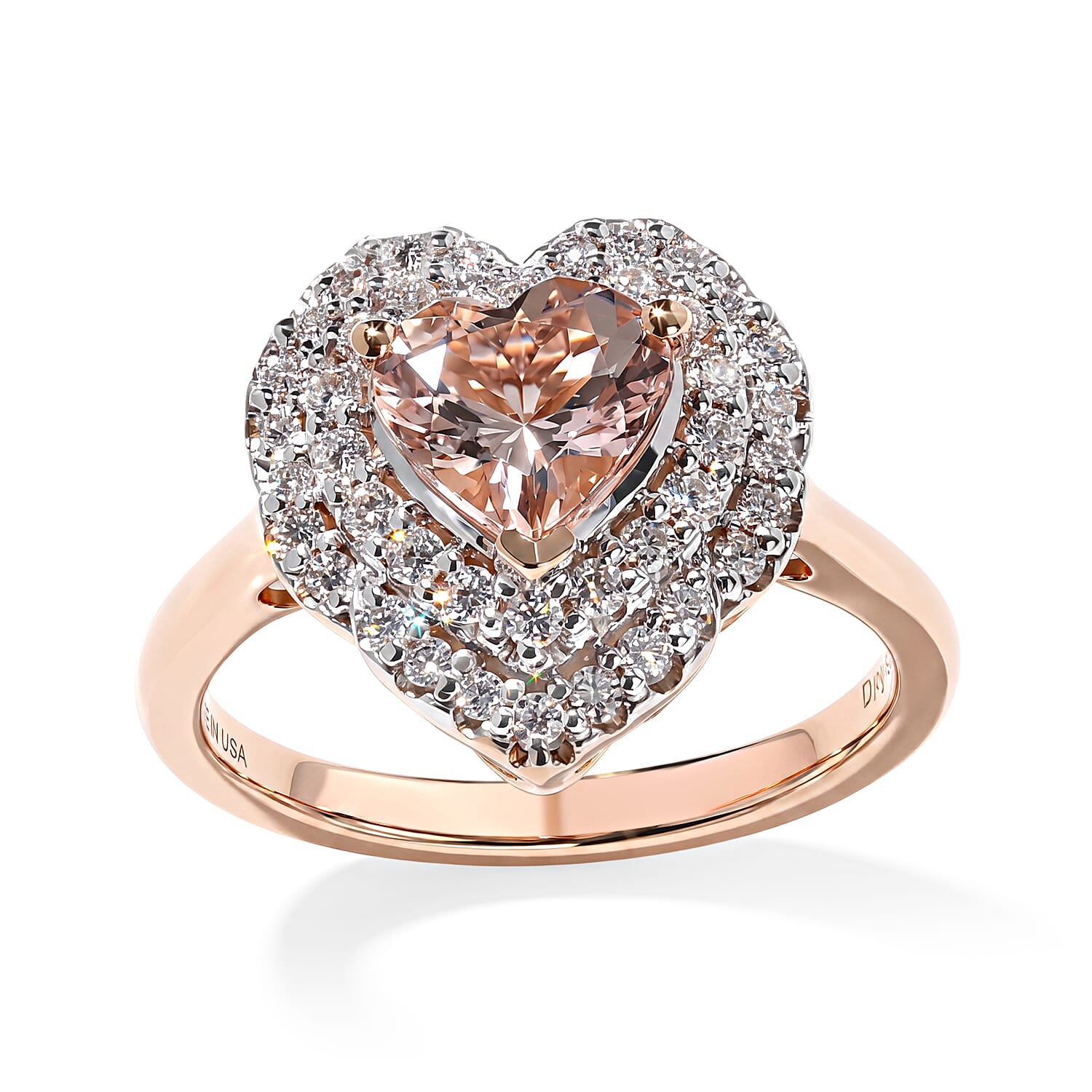 Certified and Appraised D'Joy Marropino Morganite and Moissanite 1.50 ctw Heart Ring in 18K Vermeil Rose Gold Over Sterling Silver (Size 6.0)