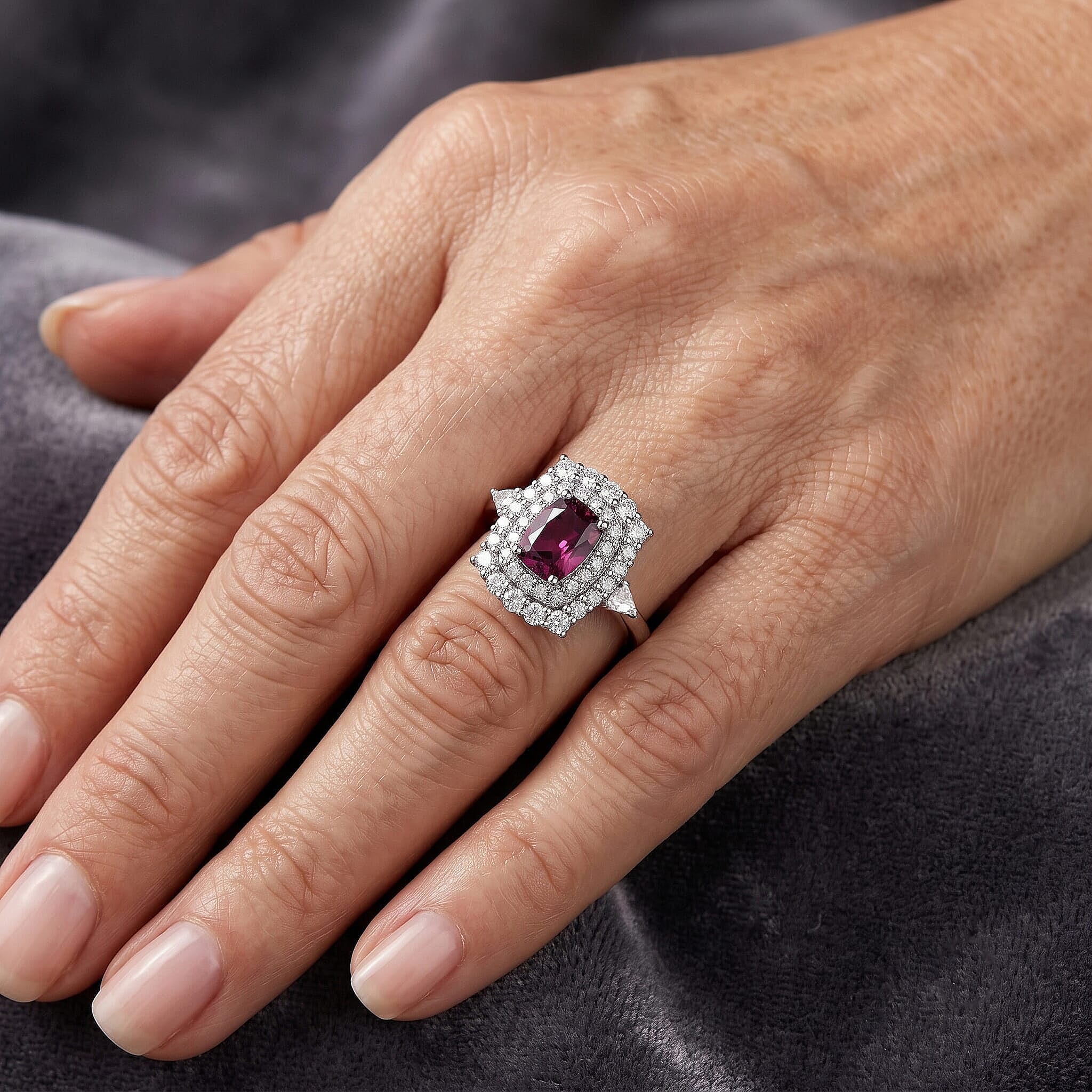 Certified and Appraised D'Joy Premium Radiant Ember Garnet, Moissanite Ring in Rhodium Over Sterling Silver (Size 5.0) 1.85 ctw