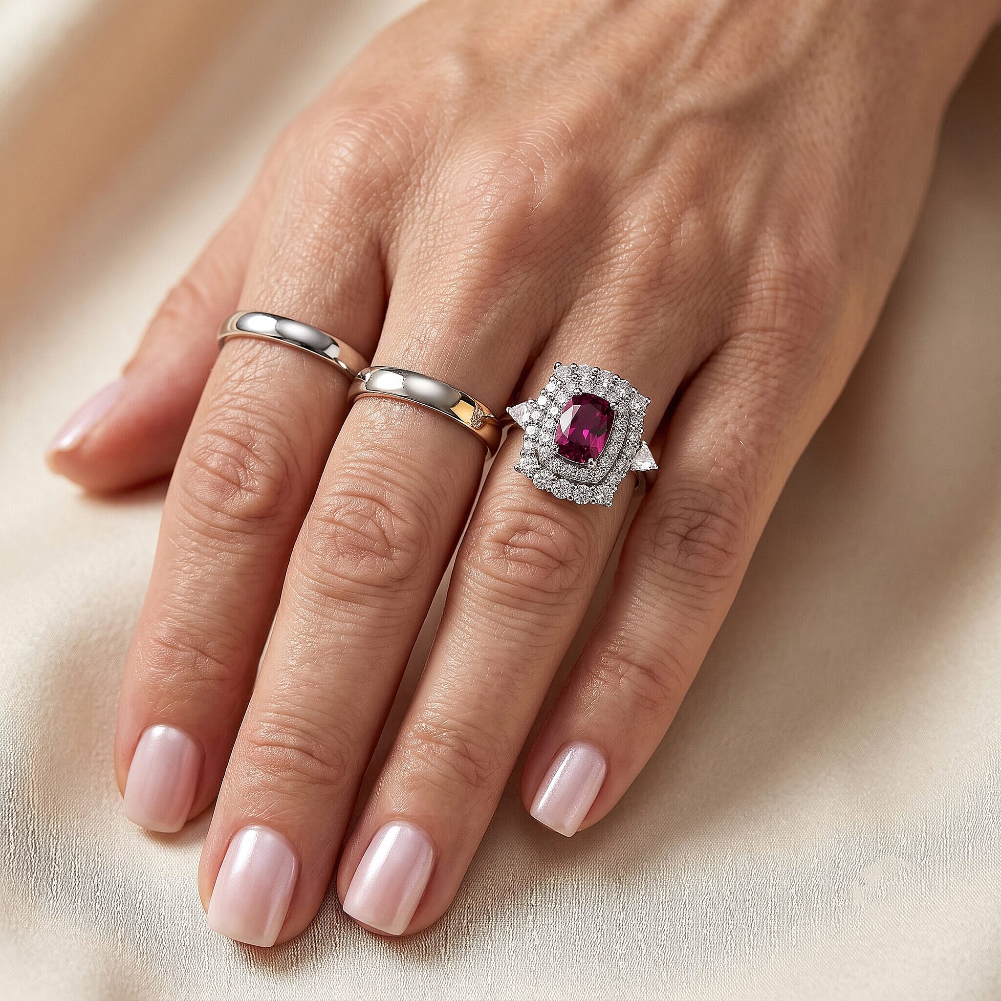 Certified and Appraised D'Joy Premium Radiant Ember Garnet, Moissanite Ring in Rhodium Over Sterling Silver (Size 5.0) 1.85 ctw