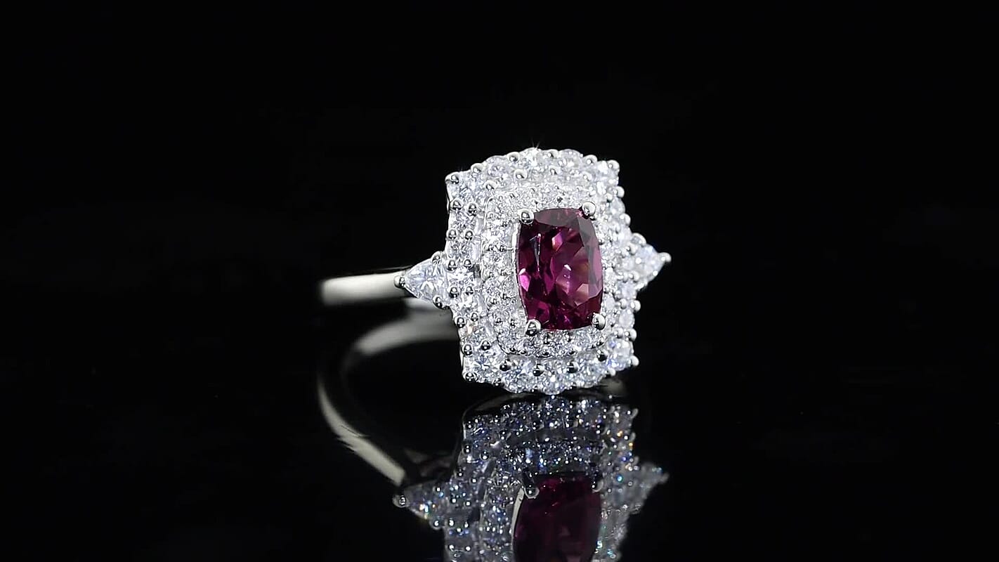 D''Joy Radiant Ember Garnet,Moissanite Main Stone With Surrounding Stone Ring in Rhodium Over Sterling Silver 2.58 ctw