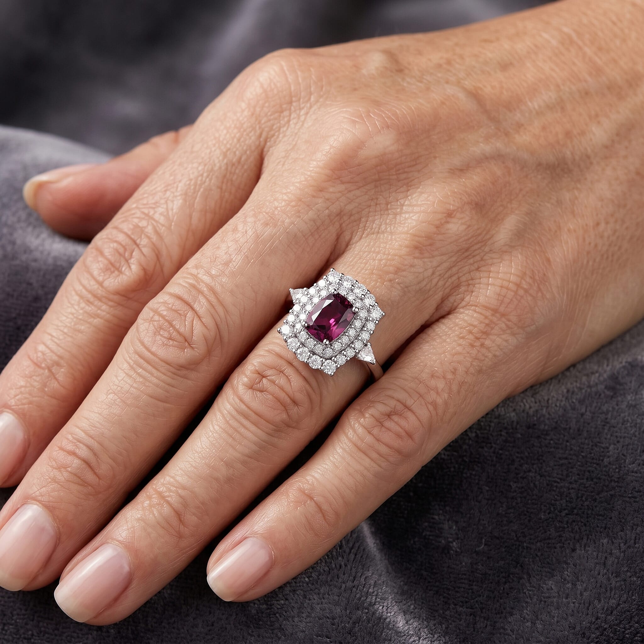 Certified and Appraised D'Joy Premium Radiant Ember Garnet and Moissanite 1.85 ctw Ring in Rhodium Over Sterling Silver (Size 6.0)