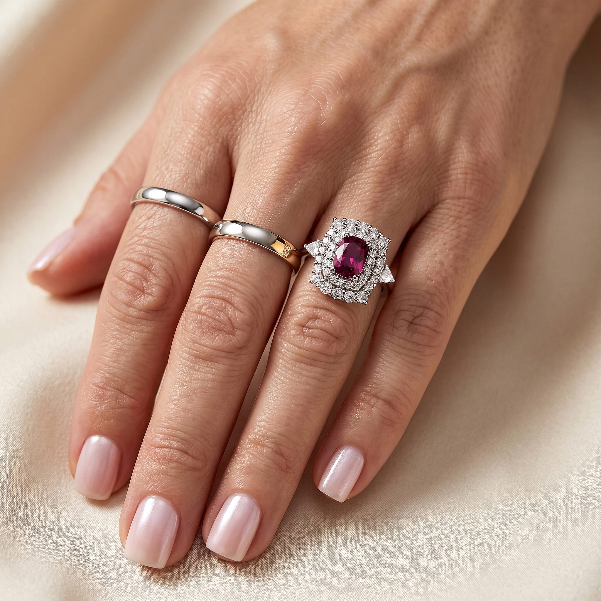 Certified and Appraised D'Joy Premium Radiant Ember Garnet and Moissanite 1.85 ctw Ring in Rhodium Over Sterling Silver (Size 6.0)
