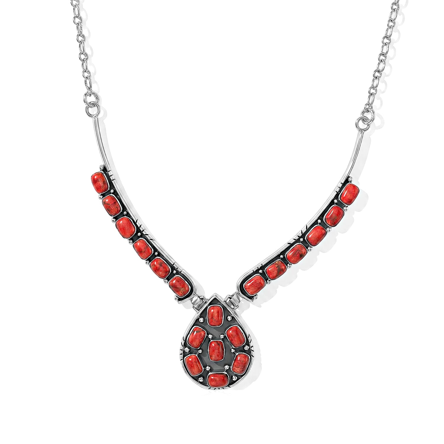 Santa Fe Style Red Spiny Oyster Shell 4.50 ctw Necklace in Sterling Silver 18-20 Inches