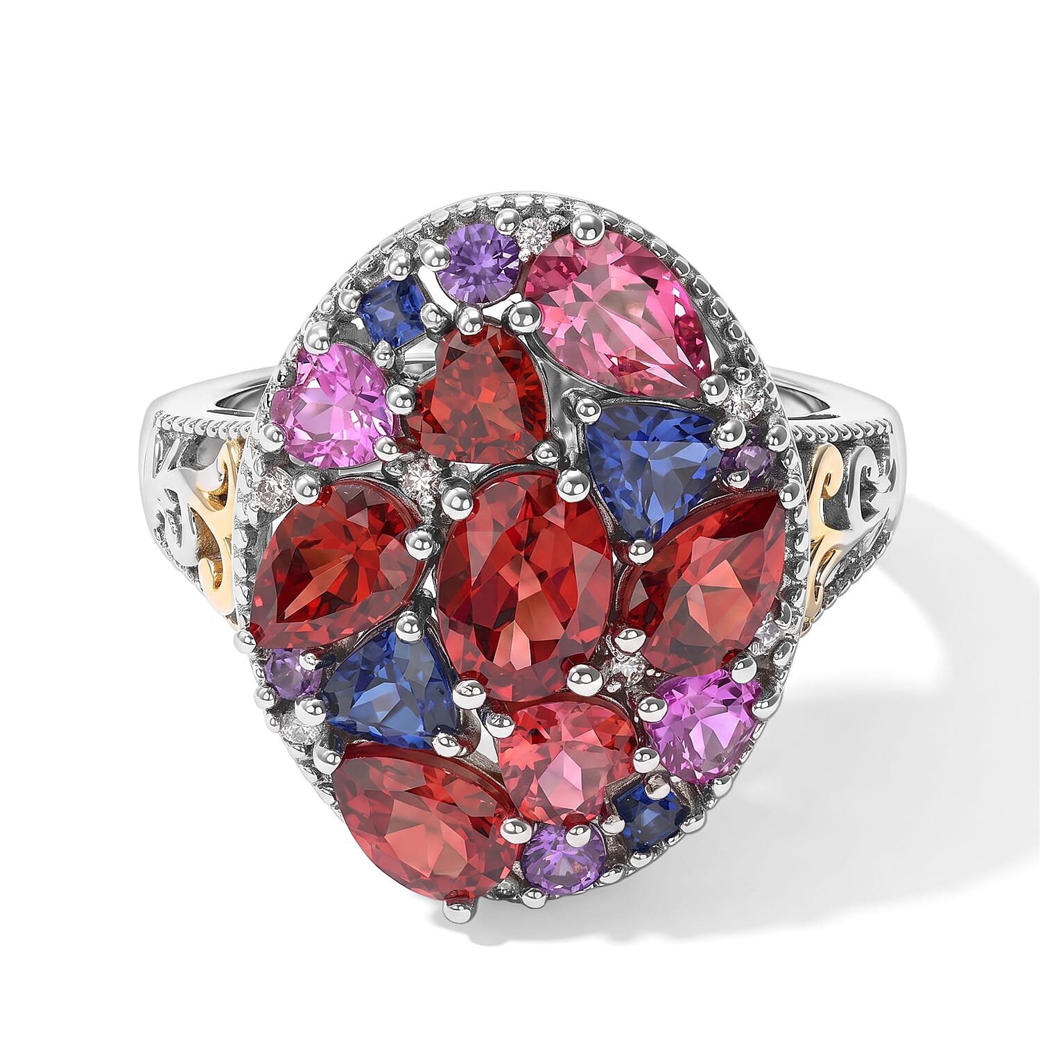EverTrue Lab Created Multi Sapphire and White Zircon 5.65 ctw Colorburst Mosaic Ring in 18K YG Plated and Platinum Bond (Size 6.0)