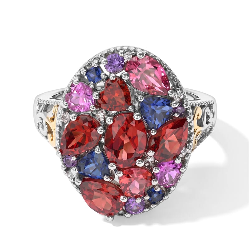 EverTrue Lab Created Multi Sapphire and White Zircon 5.65 ctw Colorburst Mosaic Ring in 18K YG Plated and Platinum Bond (Size 6.0)