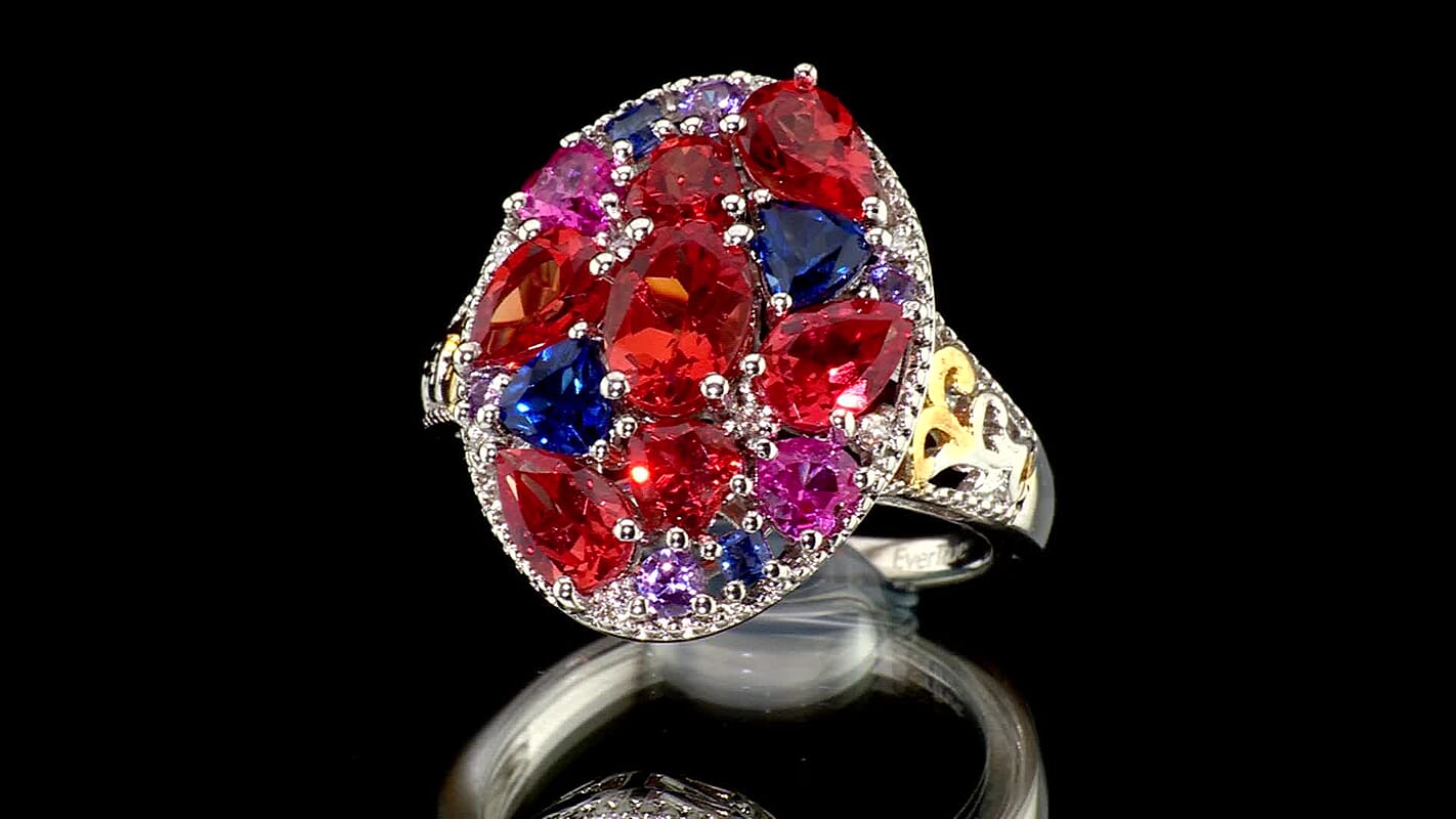 EverTrue Lab Created Multi Sapphire and White Zircon 5.10 ctw Ring in 18K YG Plated and Platinum Bond (Size 7.0)