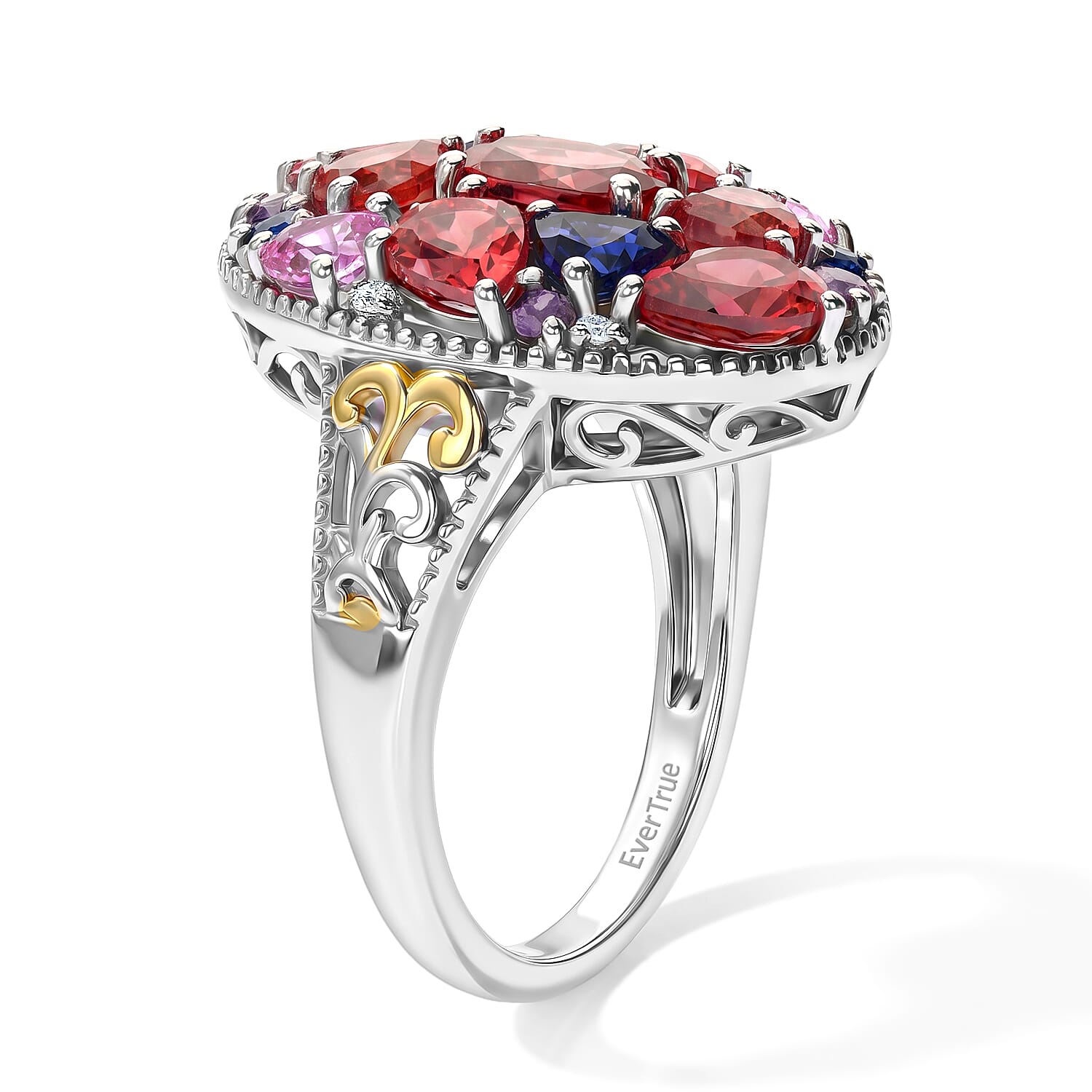 EverTrue Lab Created Multi Sapphire and White Zircon 5.65 ctw Colorburst Mosaic Ring in 18K YG Plated and Platinum Bond (Size 8.0)