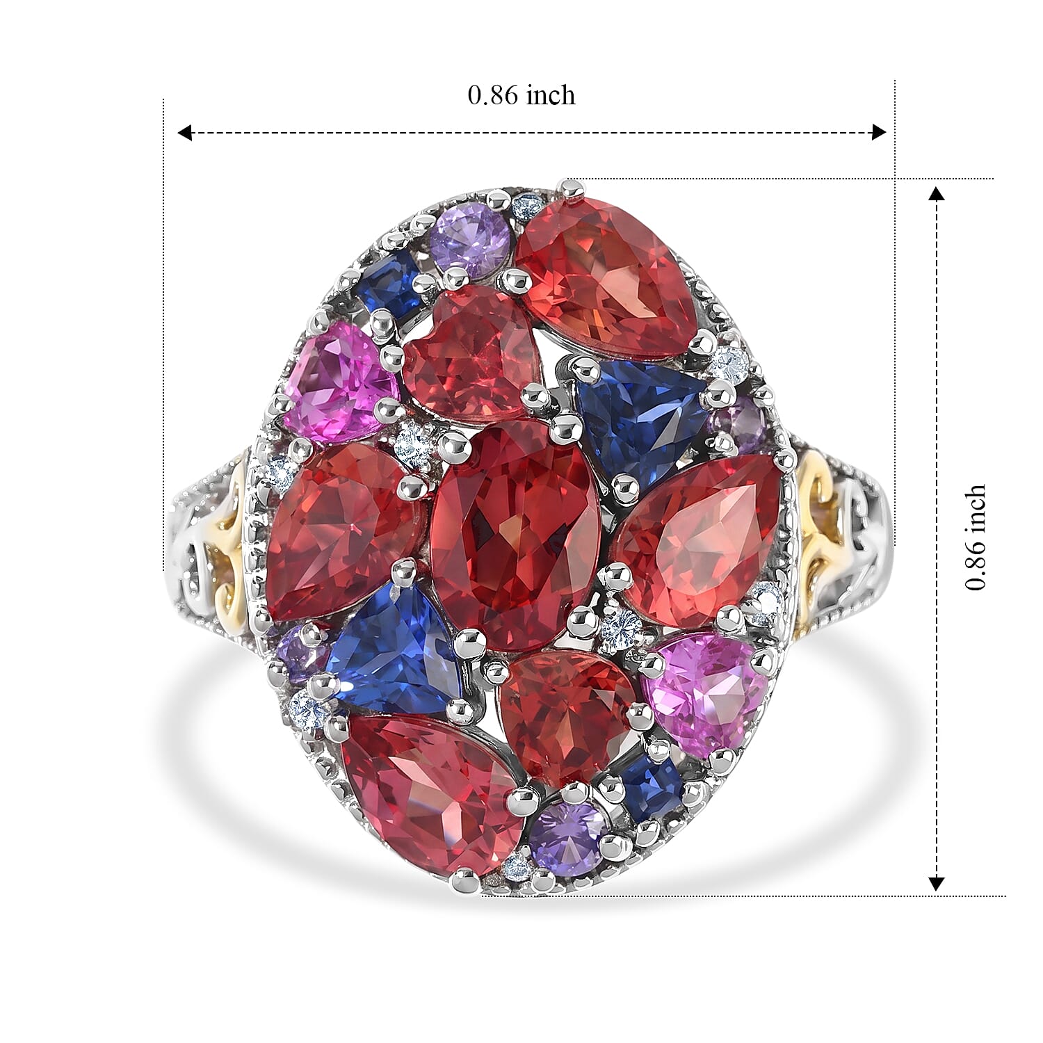EverTrue Lab Created Multi Sapphire and White Zircon 5.65 ctw Colorburst Mosaic Ring in 18K YG Plated and Platinum Bond (Size 8.0)
