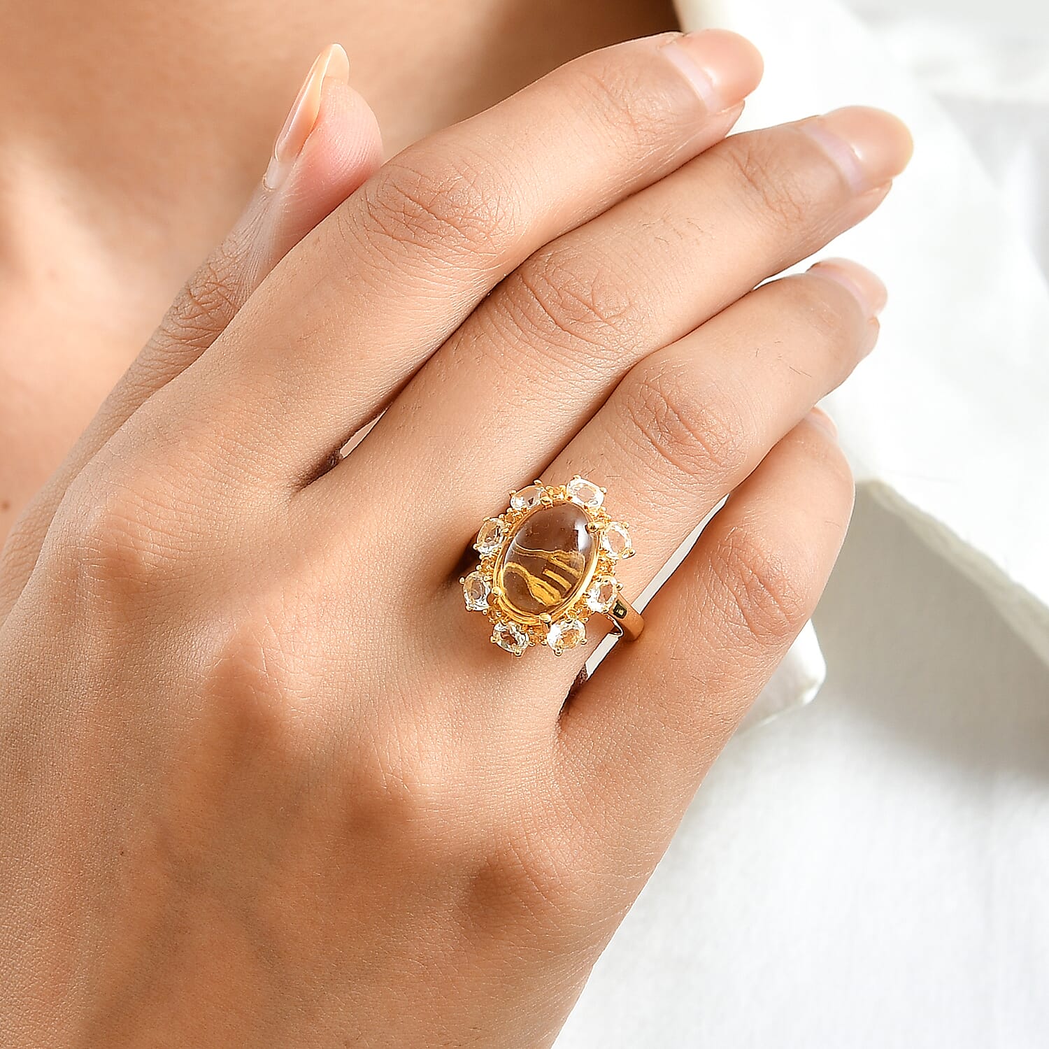 EverTrue Brazilian Citrine and White Topaz 6.80 ctw Fancy Ring in 18K YG Plated (Size 7.0)