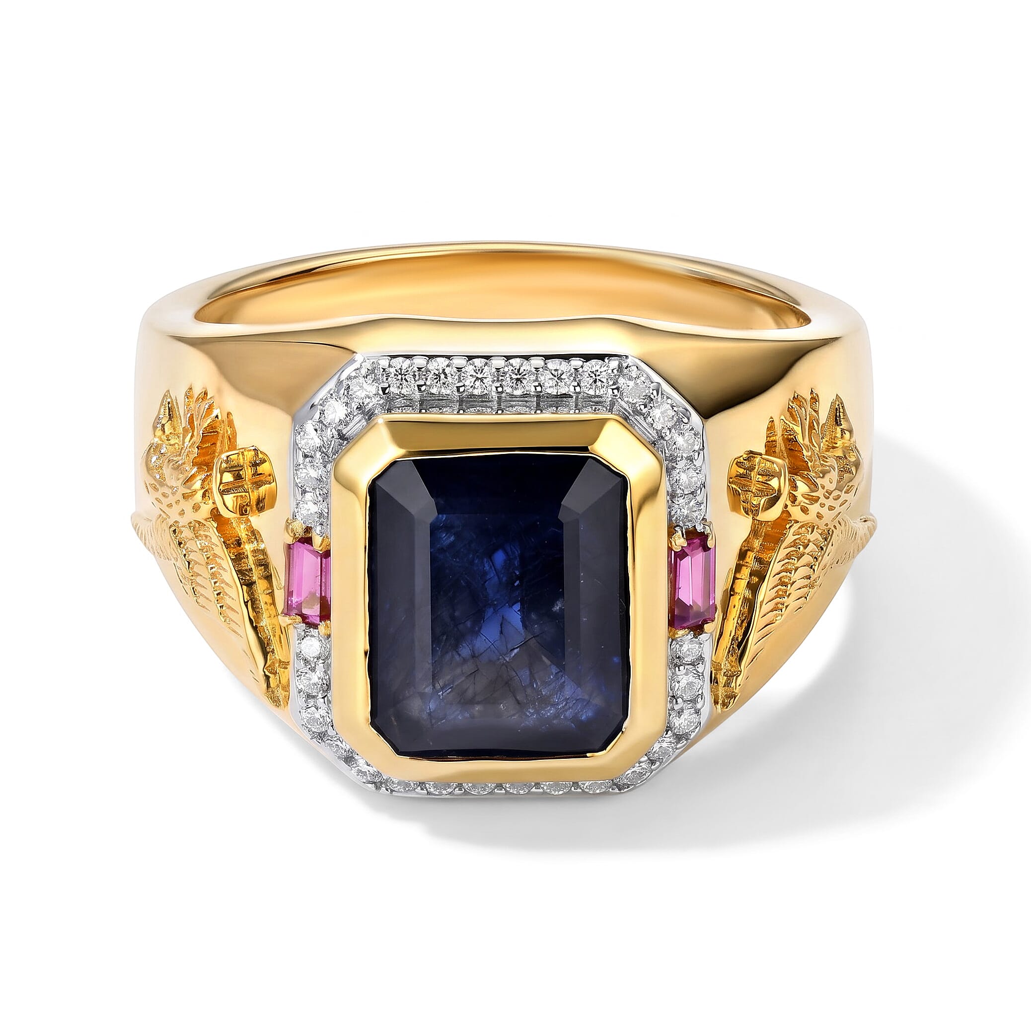 D'Joy Premium Masoala Sapphire (D) and Multi Gemstone 7.50 ctw Men's Ring in 18K Vermeil Yellow Gold Over Sterling Silver (Size 10.0)