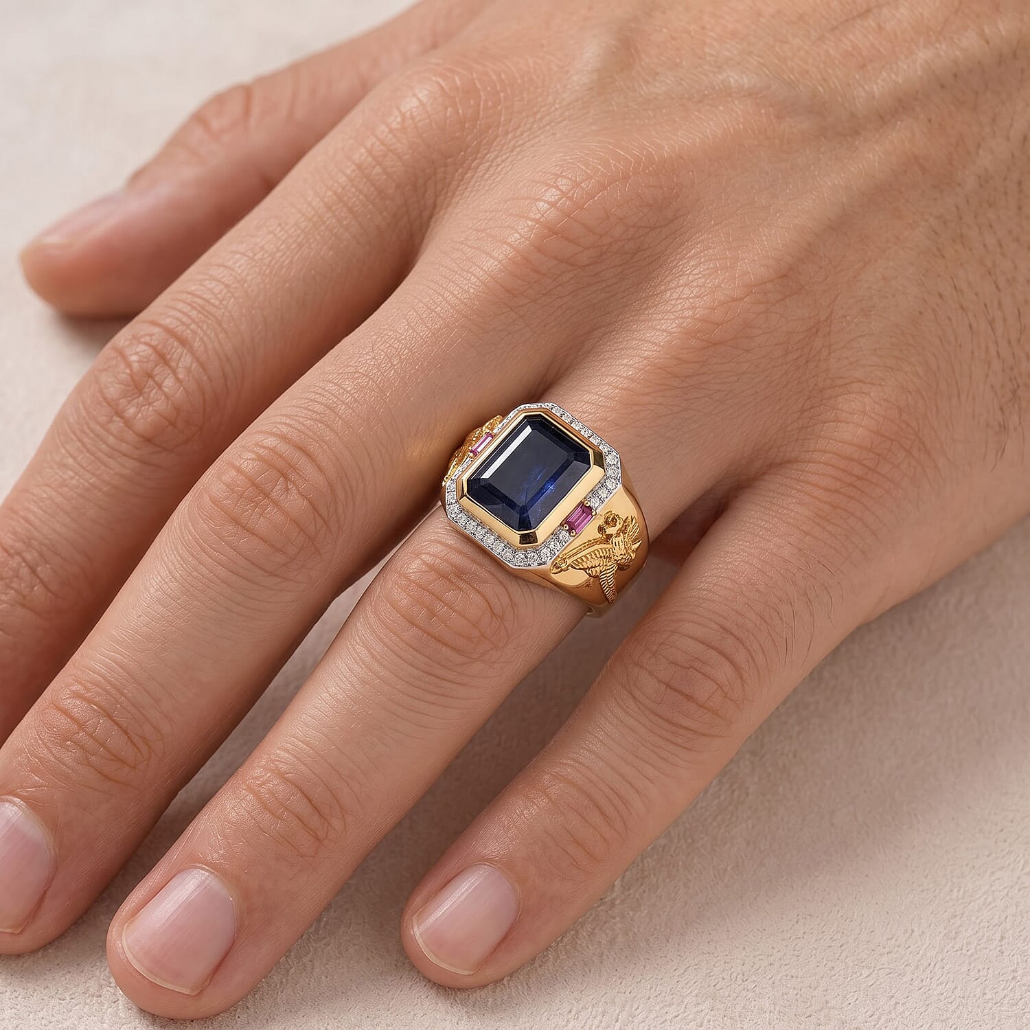 D'Joy Premium Masoala Sapphire (D) and Multi Gemstone 7.50 ctw Men's Ring in 18K Vermeil Yellow Gold Over Sterling Silver (Size 10.0)