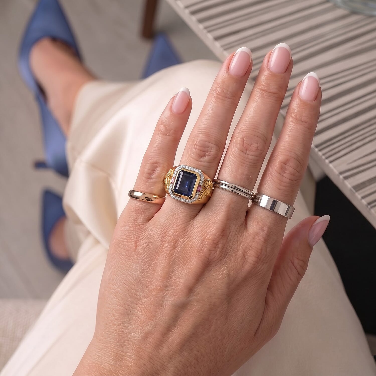D'Joy Premium Masoala Sapphire (D) and Multi Gemstone 7.50 ctw Men's Ring in 18K Vermeil Yellow Gold Over Sterling Silver (Size 10.0)