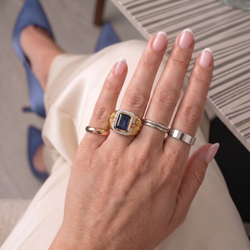 D'Joy Premium Masoala Sapphire (D) and Multi Gemstone 7.50 ctw Men's Ring in 18K Vermeil Yellow Gold Over Sterling Silver (Size 10.0)