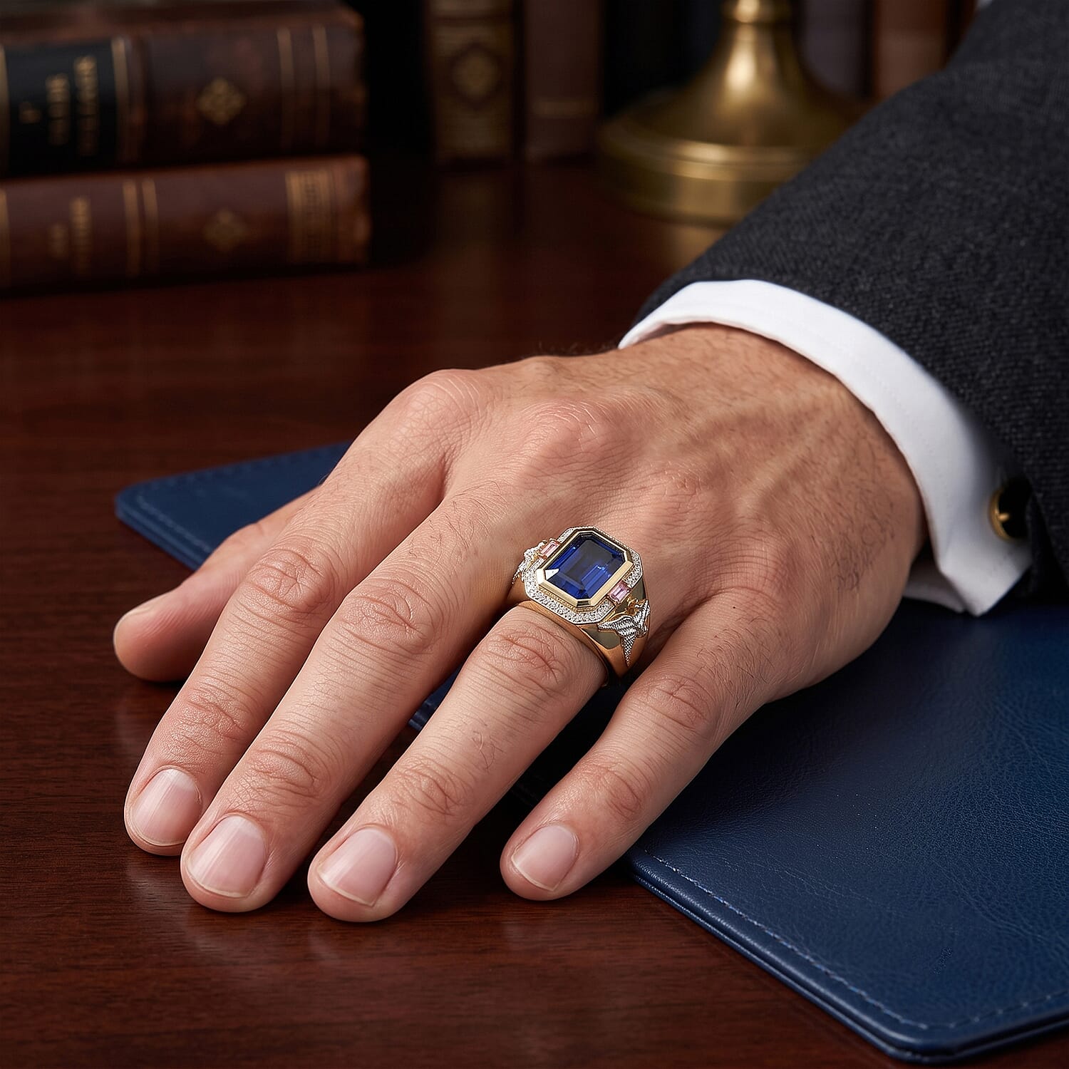 D'Joy Premium Masoala Sapphire (D) and Multi Gemstone 7.25 ctw Eagle Crest Men's Signet Ring in 18K Vermeil Yellow Gold Over Sterling Silver (Size 12.0)