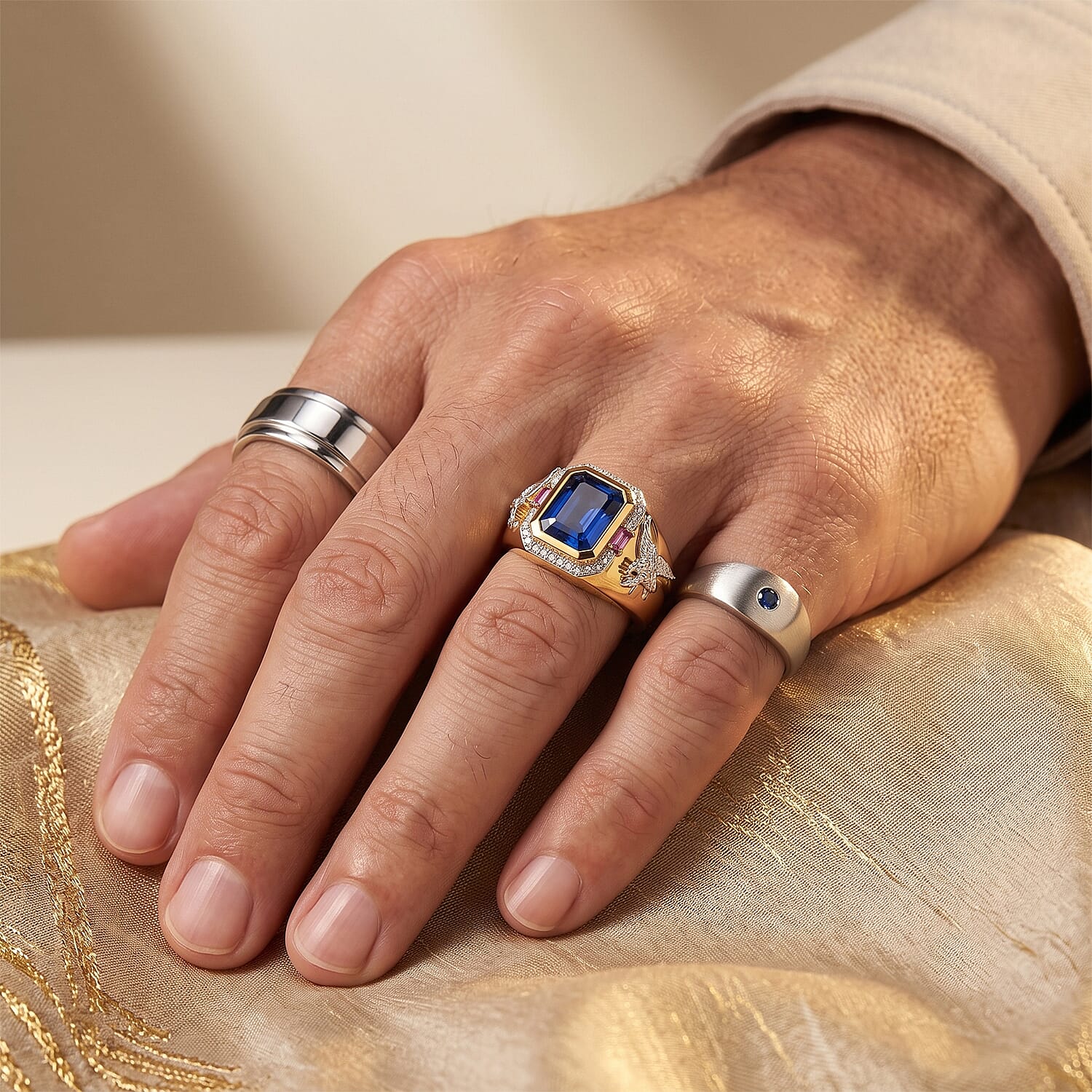 D'Joy Premium Masoala Sapphire (D) and Multi Gemstone 7.25 ctw Eagle Crest Men's Signet Ring in 18K Vermeil Yellow Gold Over Sterling Silver (Size 12.0)