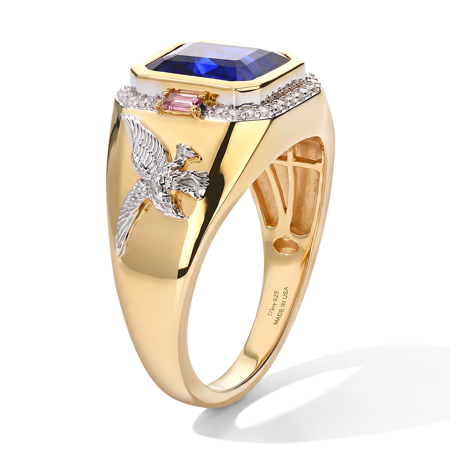 D'Joy Premium Masoala Sapphire (D) and Multi Gemstone 7.25 ctw Eagle Crest Men's Signet Ring in 18K Vermeil Yellow Gold Over Sterling Silver (Size 12.0)