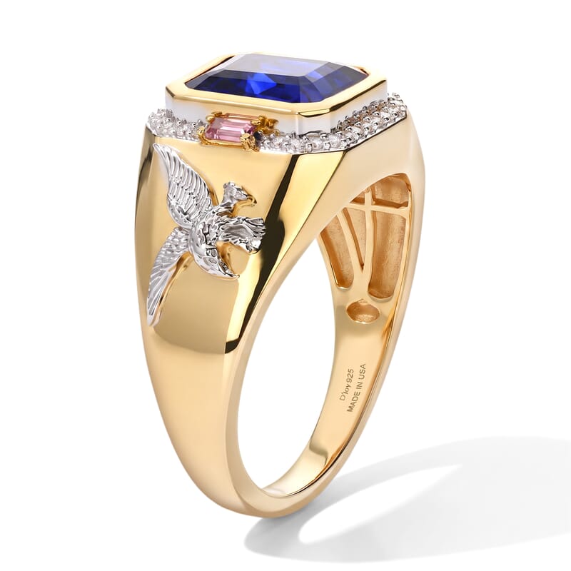D'Joy Premium Masoala Sapphire (D) and Multi Gemstone 7.25 ctw Eagle Crest Men's Signet Ring in 18K Vermeil Yellow Gold Over Sterling Silver (Size 12.0)