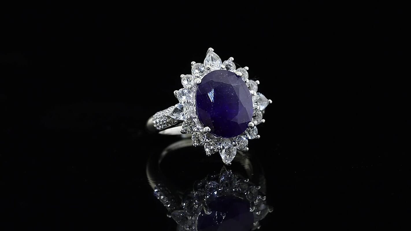 D''Joy Premium Masoala Sapphire (D) and White Topaz 9.60 ctw Ring in Rhodium Over Sterling Silver (Size 6.0)