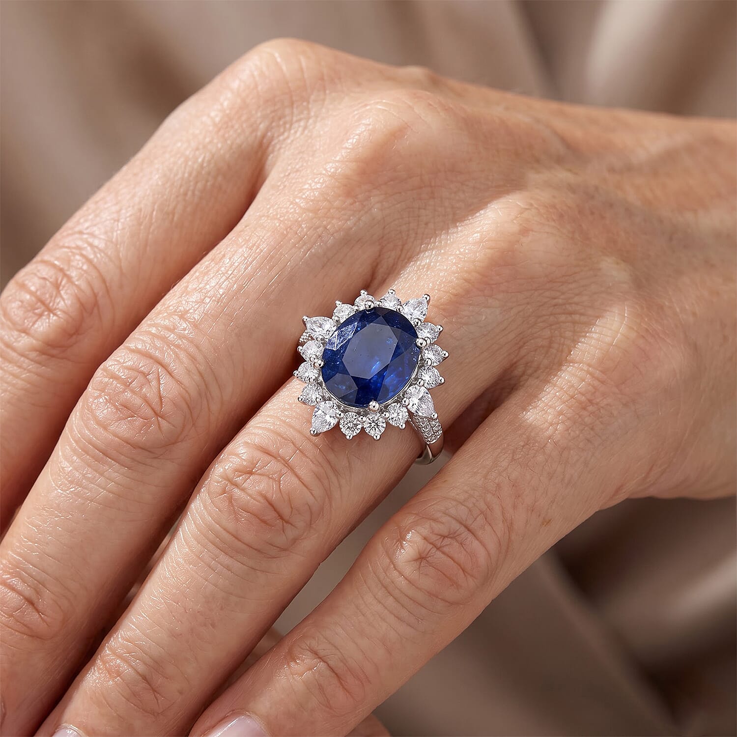 D'Joy Premium Masoala Sapphire (D) and White Topaz 9.60 ctw Ring in Rhodium Over Sterling Silver (Size 6.0)