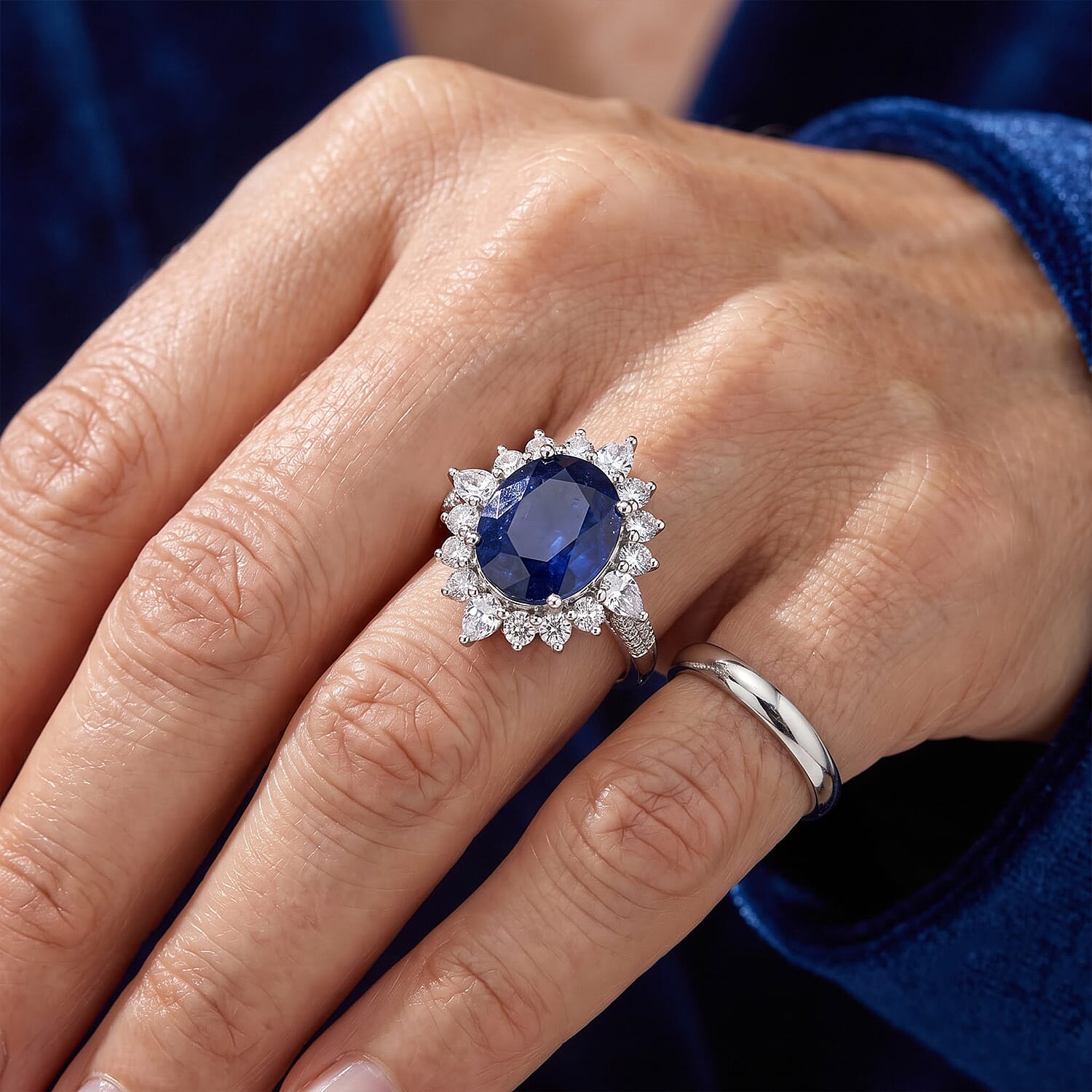 D'Joy Premium Masoala Sapphire (D) and White Topaz 9.60 ctw Ring in Rhodium Over Sterling Silver (Size 6.0)