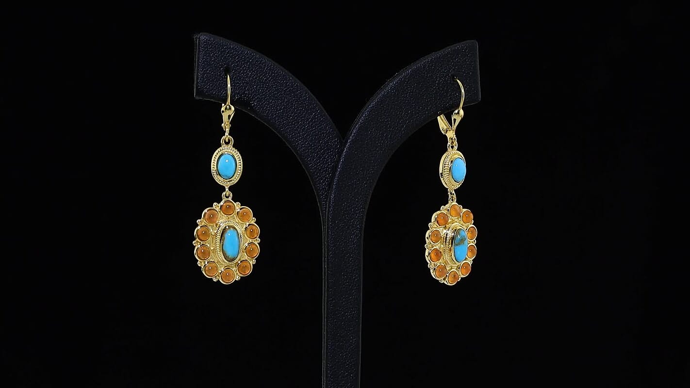 D''Joy Sonoran Turquoise, Carnelian Earrings in 18K Vermeil YG Over Sterling Silver 4.35 ctw