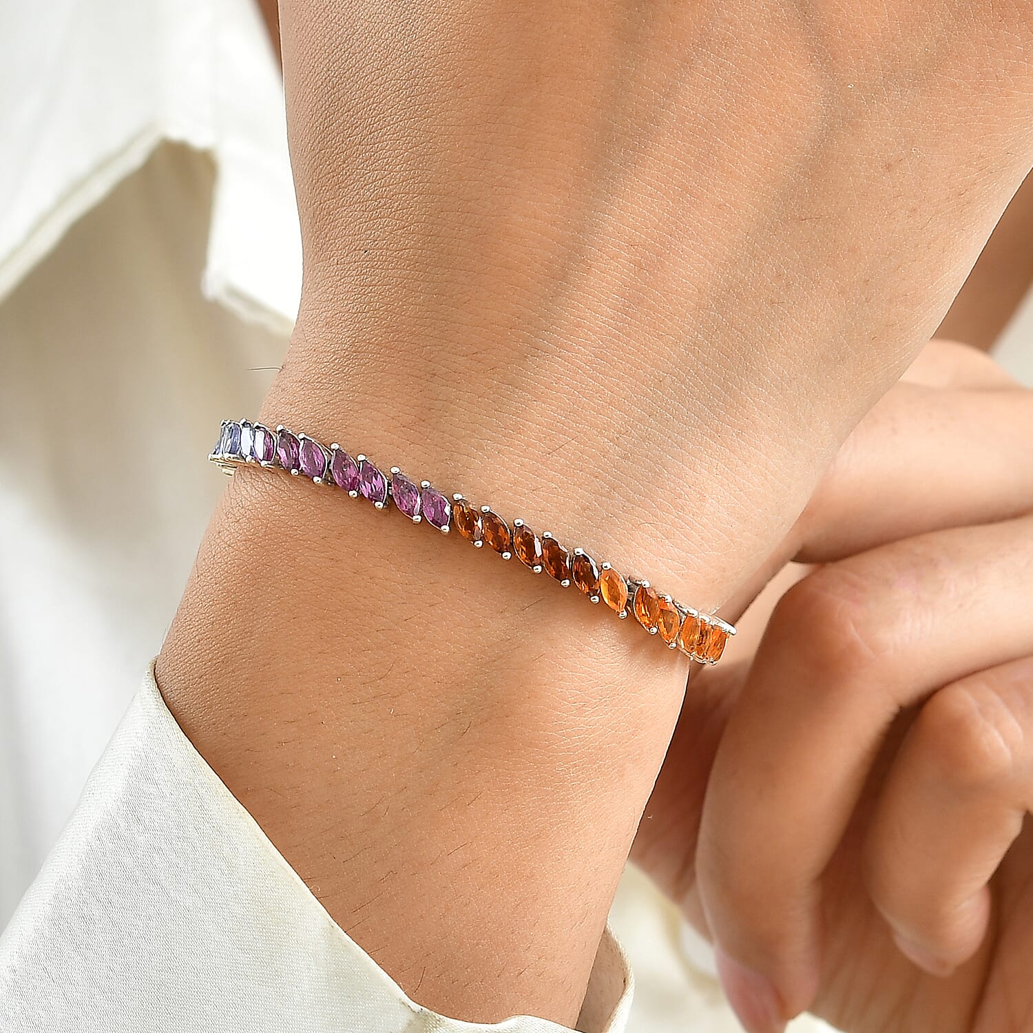 D'Joy Multi Gemstone 8.15 ctw Bracelet in Rhodium Over Sterling Silver (7.25 In)