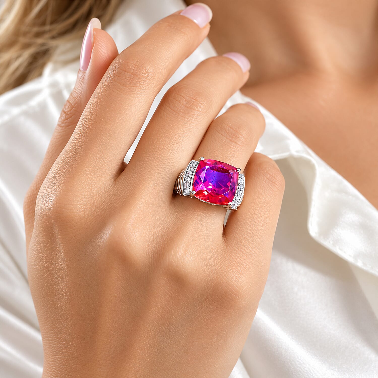 EverTrue Volcanic Quartz (Triplet) and White Zircon 13.40 ctw Ring in Platinum Bond (Size 6.0)