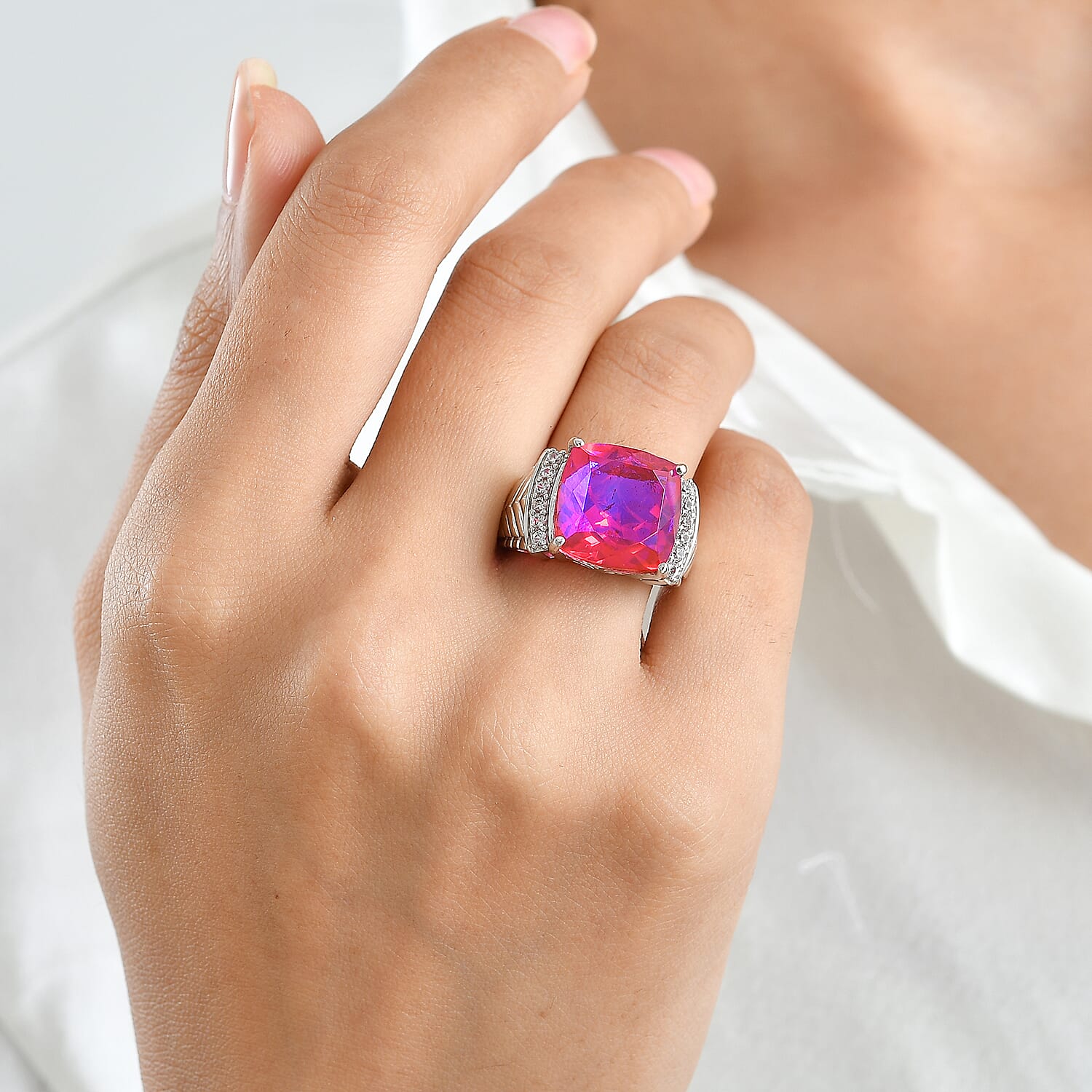 EverTrue Volcanic Triplet Quartz and White Zircon 13.20 ctw Ring in Platinum Bond (Size 7.0)