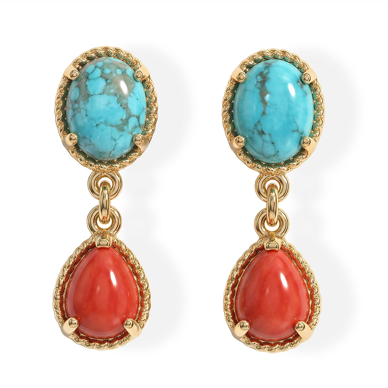D'Joy Blue Moon Turquoise and Coral 2.50 ctw Bay Breeze Earrings in 18K Vermeil Yellow Gold Over Sterling Silver