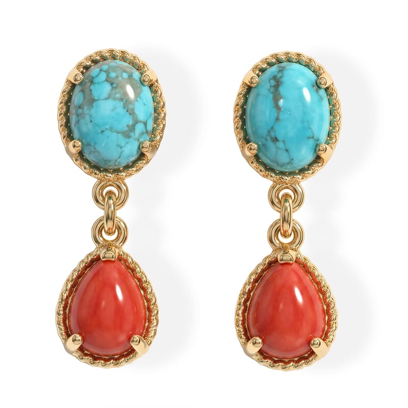 D'Joy Blue Moon Turquoise and Coral 2.50 ctw Bay Breeze Earrings in 18K Vermeil Yellow Gold Over Sterling Silver
