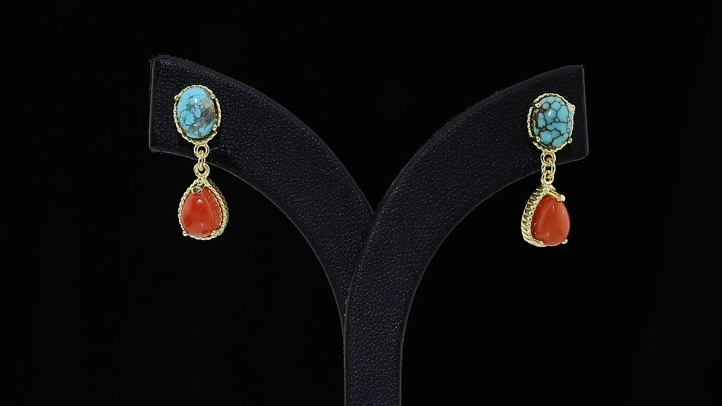 D''Joy Blue Moon Turquoise ,  Coral  Dangling Earring in 18K YG VermeilSterling Silver 3.72 ctw
