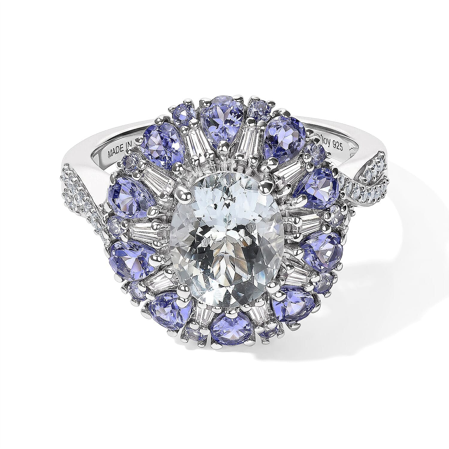 D'Joy Premium Mangoro Santo Aquamarine and Multi Gemstone 4.50 ctw Blooming Radiance Ring in Rhodium Over Sterling Silver (Size 10.0)